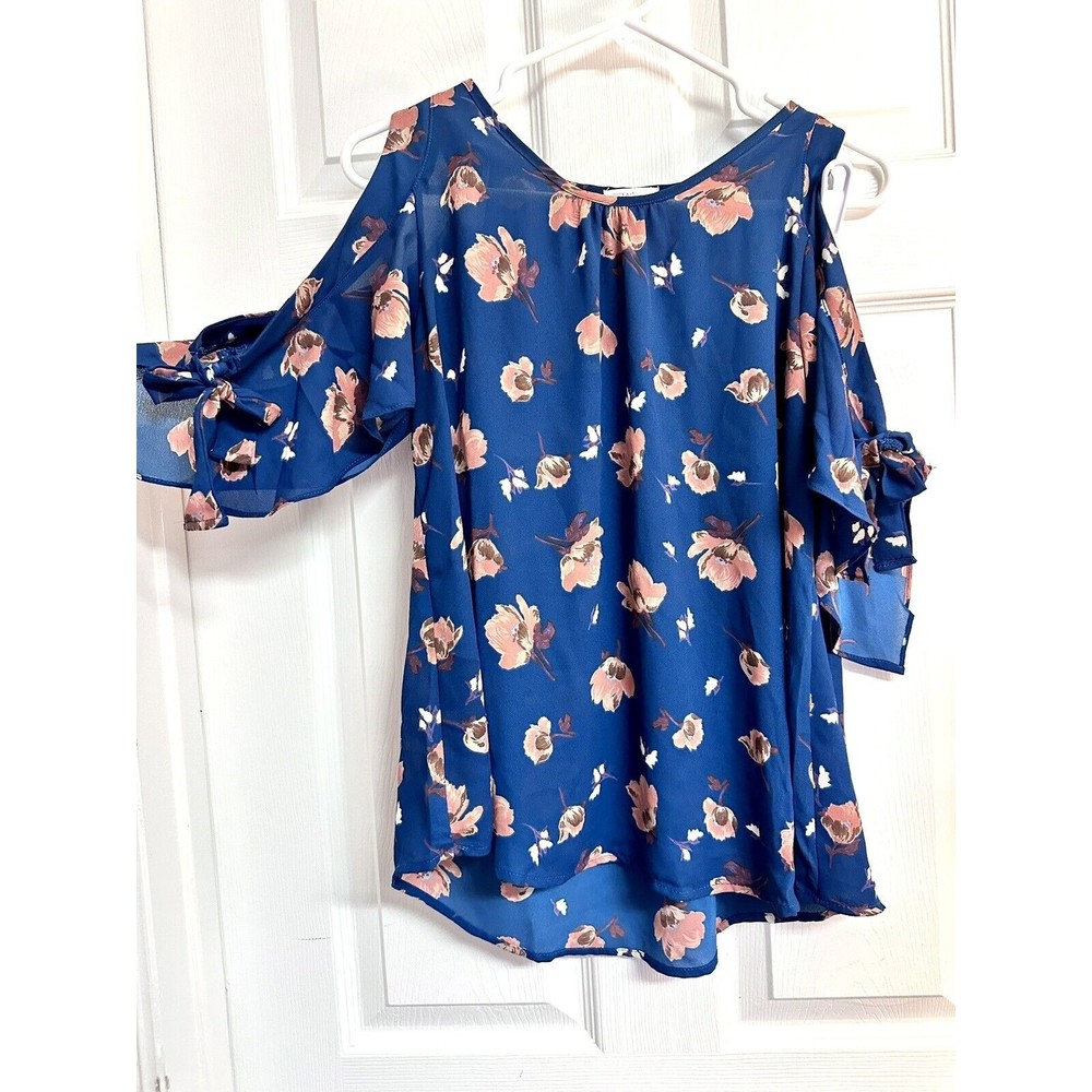 Sienna Sky Teal Peach Floral Cold Shoulder Tie Up Sleeve Blouse Tunic Medium